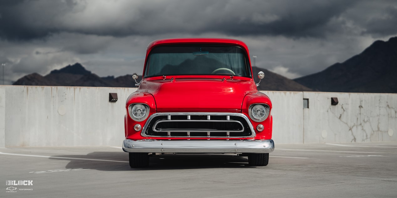 Front View of David Kinnison's 1957 Chevrolet 3100 Truck in a Parking Lot
