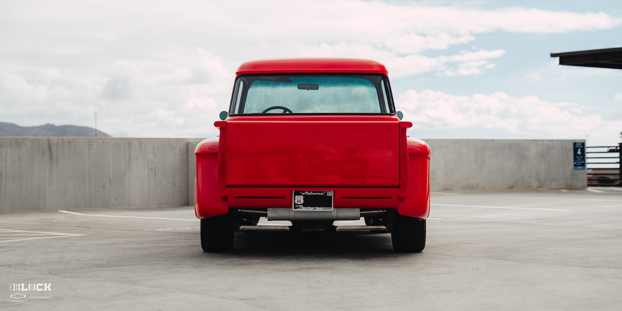 Rear View of David Kinnison's 1957 Chevrolet 3100 Truck in a Parking Lot