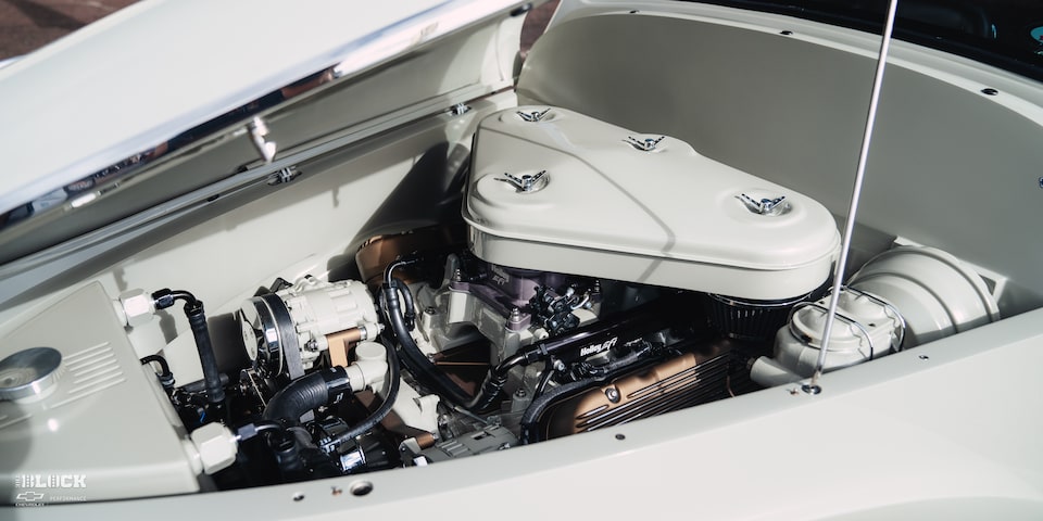 Close-up View of the Engine Bay in the Goodguys Chevrolet Performance Builder of the Year GM Retro Iron Winner 1941 Willys Coupe