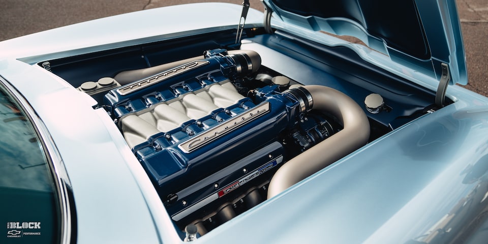 Close-up Three-Quarters View of the LS Engine Inside Goodguys Chevrolet Performance Builder of the Year GM Iron Winner 1963 Chevy Corvette