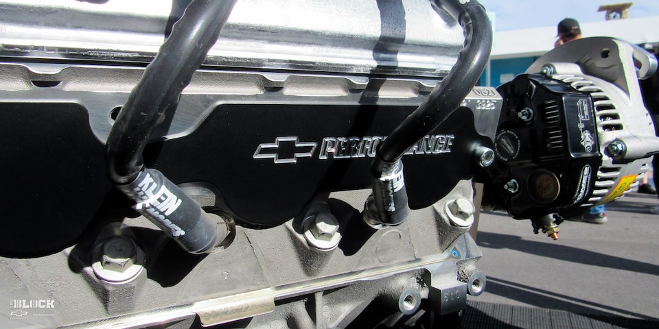 Close-up View of 525 RLB Chevrolet Performance Crate Engine's Chevy Performance Logo