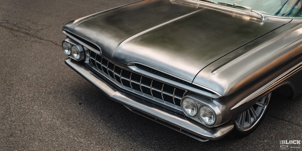 Close-up of the Front Hood of a Grey 1959 Chevy Impala Seen from Overhead