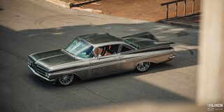 Three Quarters View of a 1959 Grey Chevy Impala Under the Shade Seen from Far Away