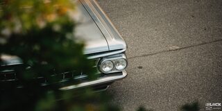 Far Shot of the Right Headlight of a 1959 Grey Chevy Impala View Obscured by Leaves