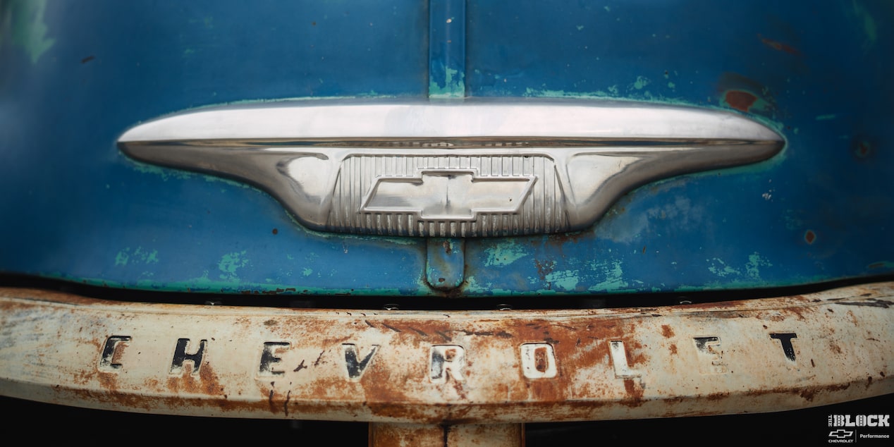 Close-up View of the Chevy Emblem on a 1955 Chevy Pickup Truck
