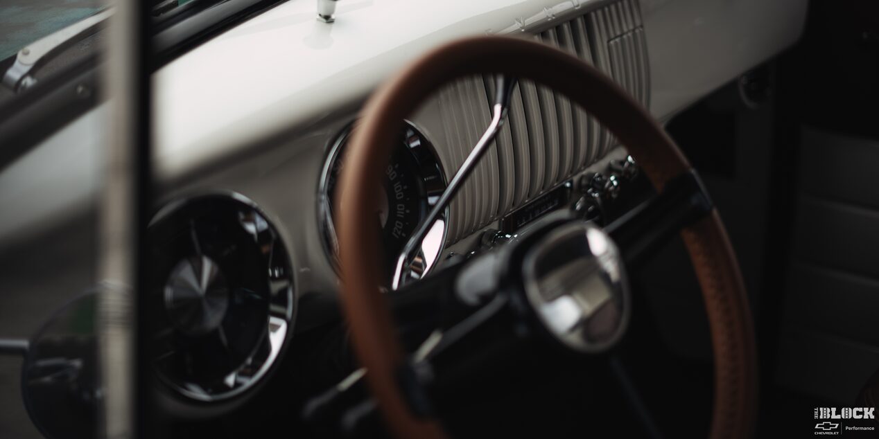 Side View of the Steering Wheel of a 1955 Chevy Pickup Truck