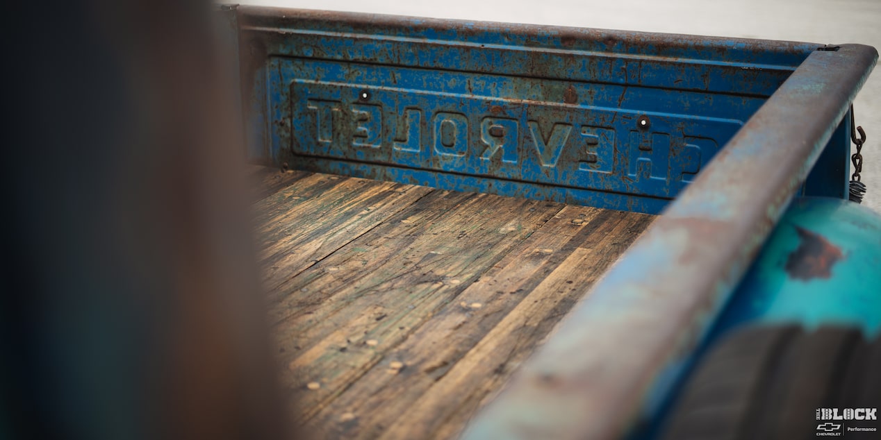 Close-up View of the Cargo Bed on a 1955 Chevy Pickup Truck
