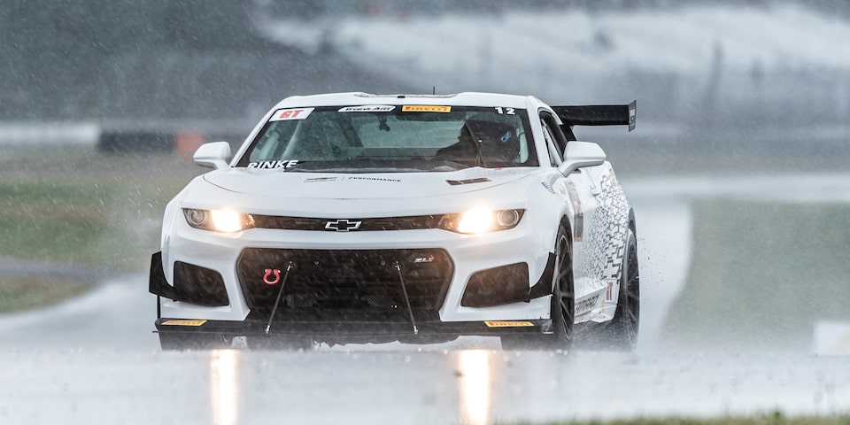 The Sunday portion of the Mid-Ohio SpeedTour event was run in very wet conditions. Rinke turned in an impressive performance by running on slick racing tires rather than wet-weather tires throughout the event, displaying impressive car control as he led several laps in his first wet-weather race. (Photo by Chris Green)