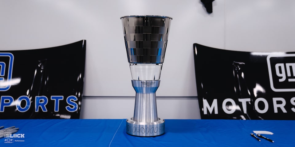 A Manufacturers Championship 2023 Trophy at the GM Charlotte Technical Center.