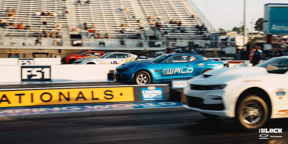 Lineup of Chevrolet Copo Camaros on the Race Track