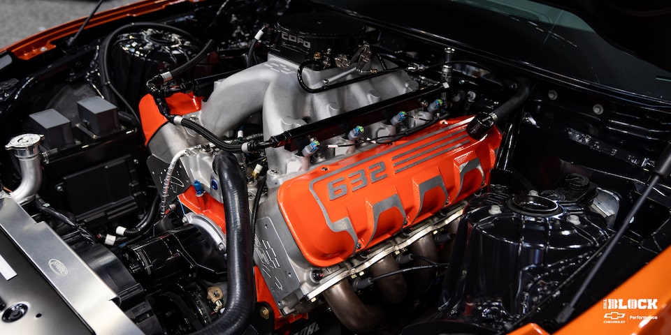 Closeup of the Engine Bay in a Copo Camaro Complete with a ZZ632 Engine
