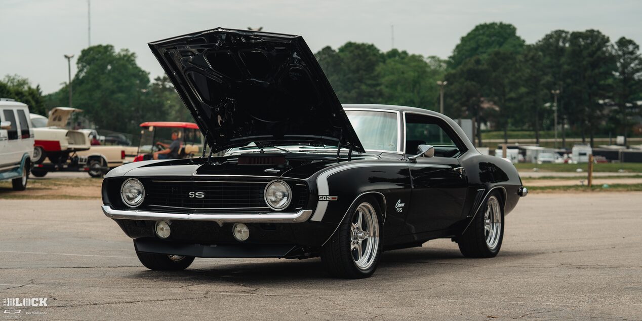 A Vintage Black 1969 Chevrolet Camaro SS With an Open Hood