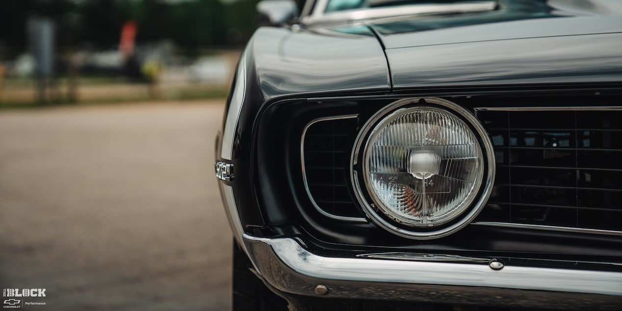 Close-up of the Right Headlight on Becky and Derek Luck's Vintage 1969 Chevrolet Camaro SS