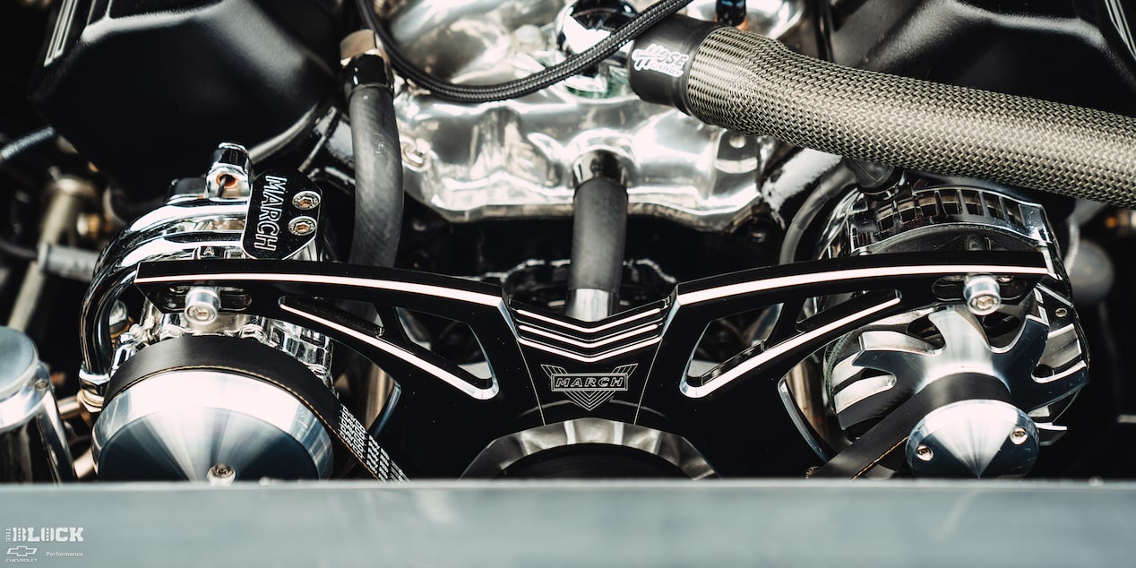Close-up of the Engine in With "March" Written on the Components in Becky and Derek Luck's 1969 Chevrolet Camaro SS