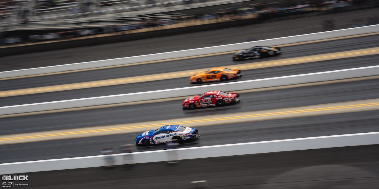 Team Chevy driver Greg Anderson (near lane) picked up his 105th career Pro Stock win in Charlotte.