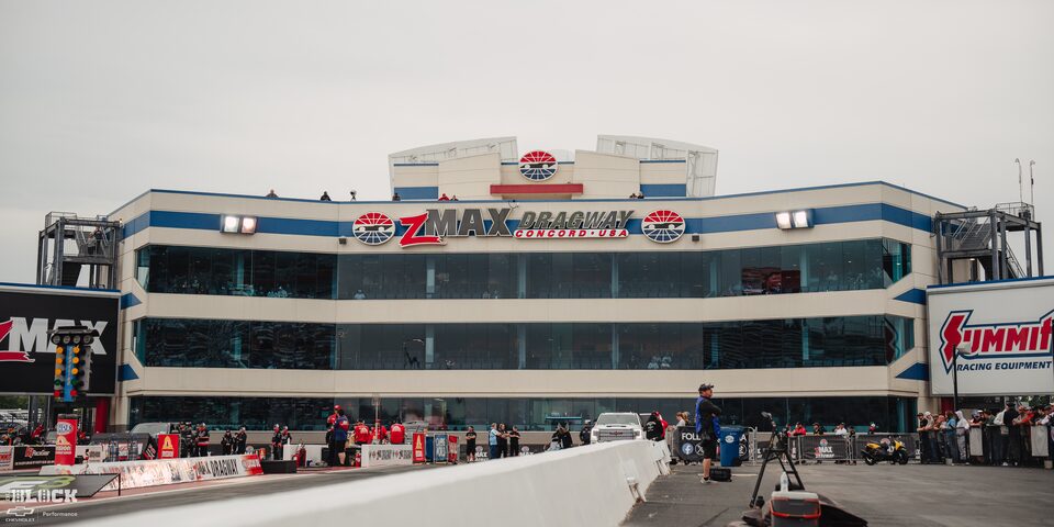 View of the zMax Dragway Media Center at Charlotte Motor Speedway