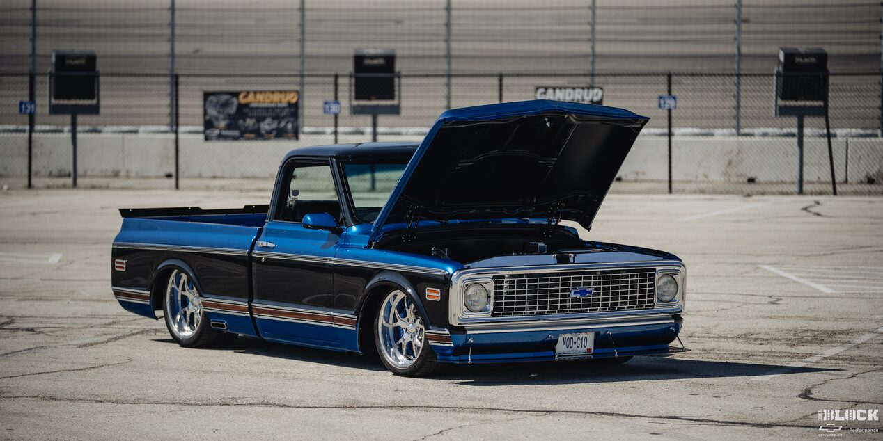 Side View of Ronnie and Tina Allen’s "Bruzer" LS-Powered 1972 Chevrolet C10 With an Open Hood