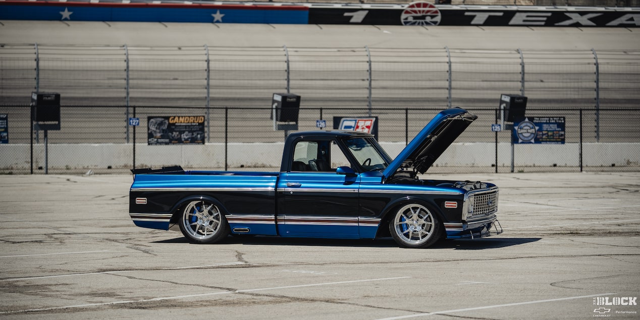 Side View of Ronnie and Tina Allen’s 1972 Chevrolet C10 With an Open Hood