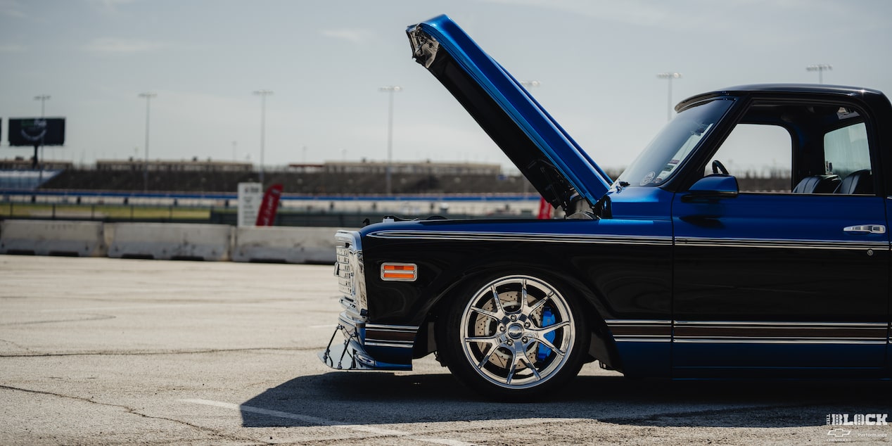 Front Side View of Ronnie and Tina Allen’s 1972 Chevrolet C10 With an Open Hood