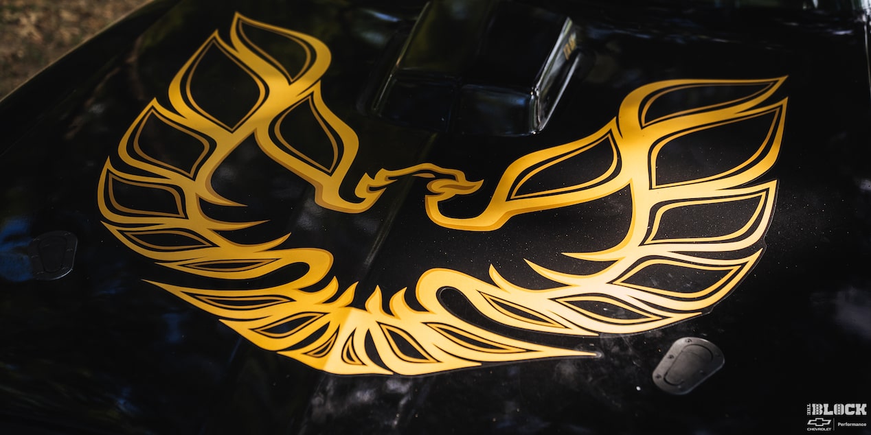 The Firebird Logo on top of the Hood of J.J. Alfano’s LS-powered 1978 Pontiac Firebird Trans Am