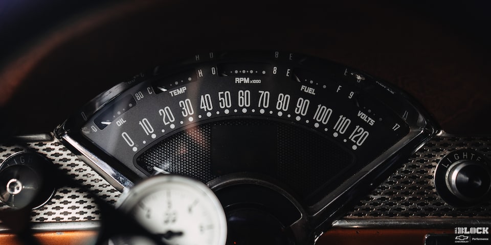 Close-up of the Instrument Cluster of a 1955 Chevy Handyman Wagon
