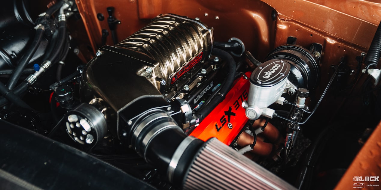 The car’s Chevrolet Performance LSX376-B15 crate engine* is topped with a 3.0L Whipple supercharger.