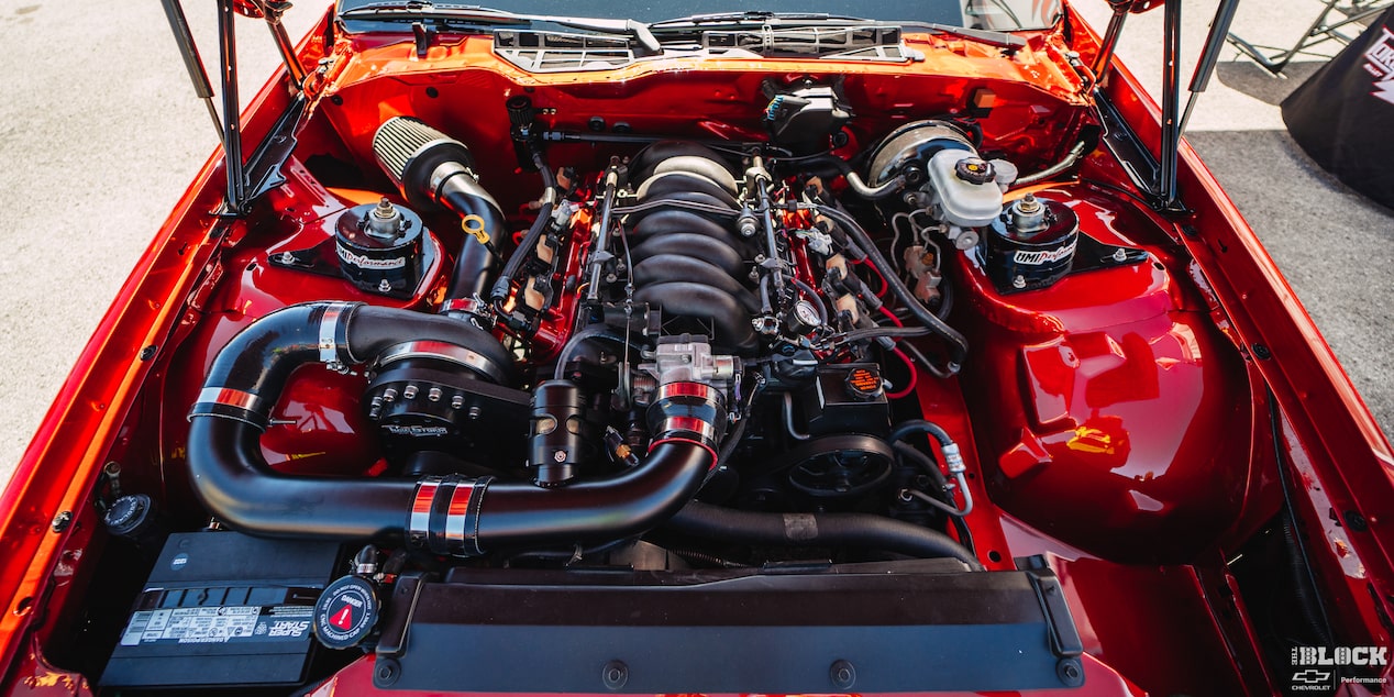 Front View of a Shiny Engine with Red Interior at Holley LS Fest 2024