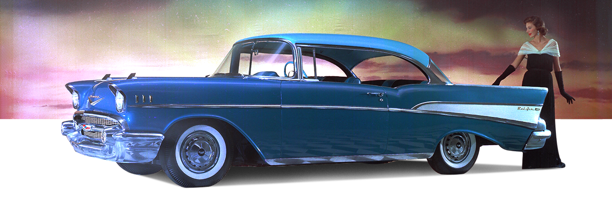 Classic Blue Chevrolet Vehicle Two-Door Hardtop Side Profile with a Woman in a Dress Standing behind It