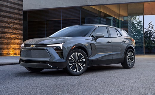 Sterling Gray Metallic 2024 Chevy Blazer EV Beautifully Displayed Outside a Modern Home
