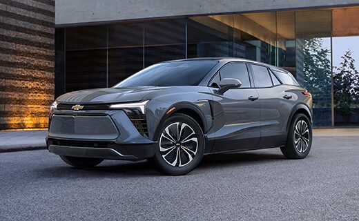 Sterling Gray Metallic 2024 Chevy Blazer EV Beautifully Displayed Outside a Modern Home