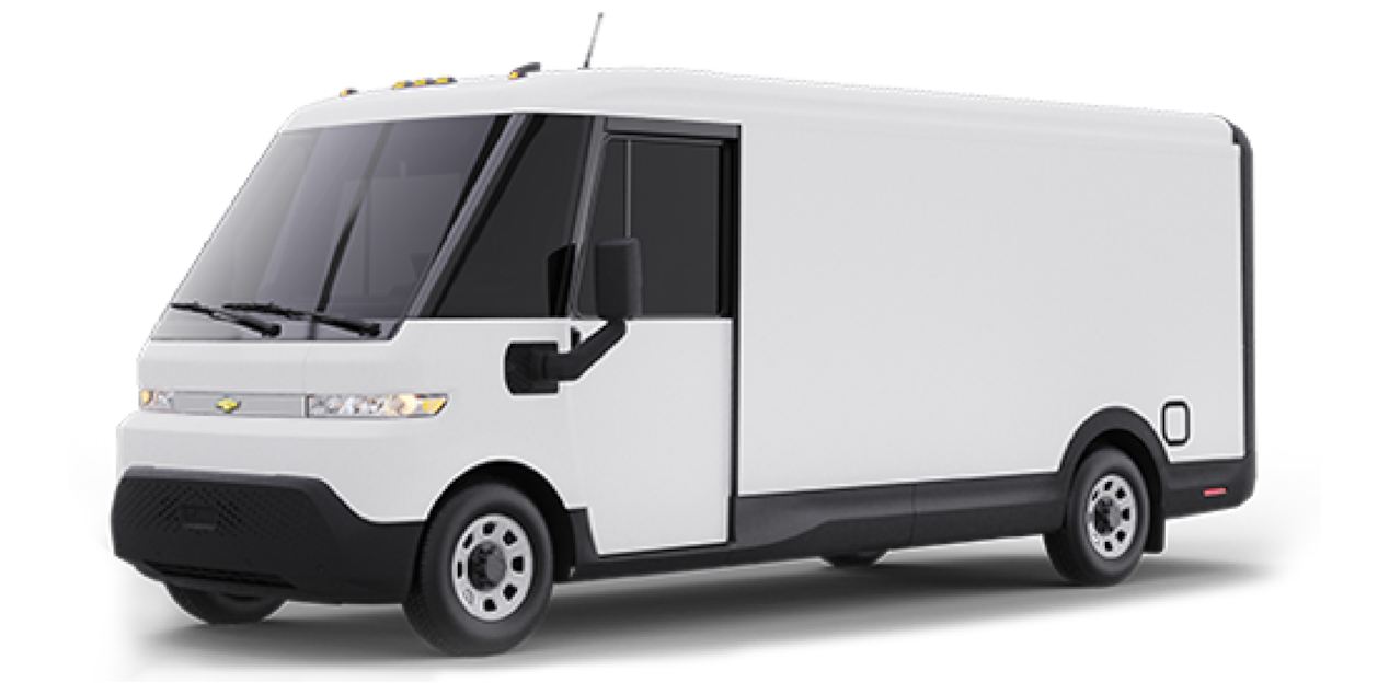 Three-Quarters View of a 2025 White Chevrolet BrightDrop on a White Background