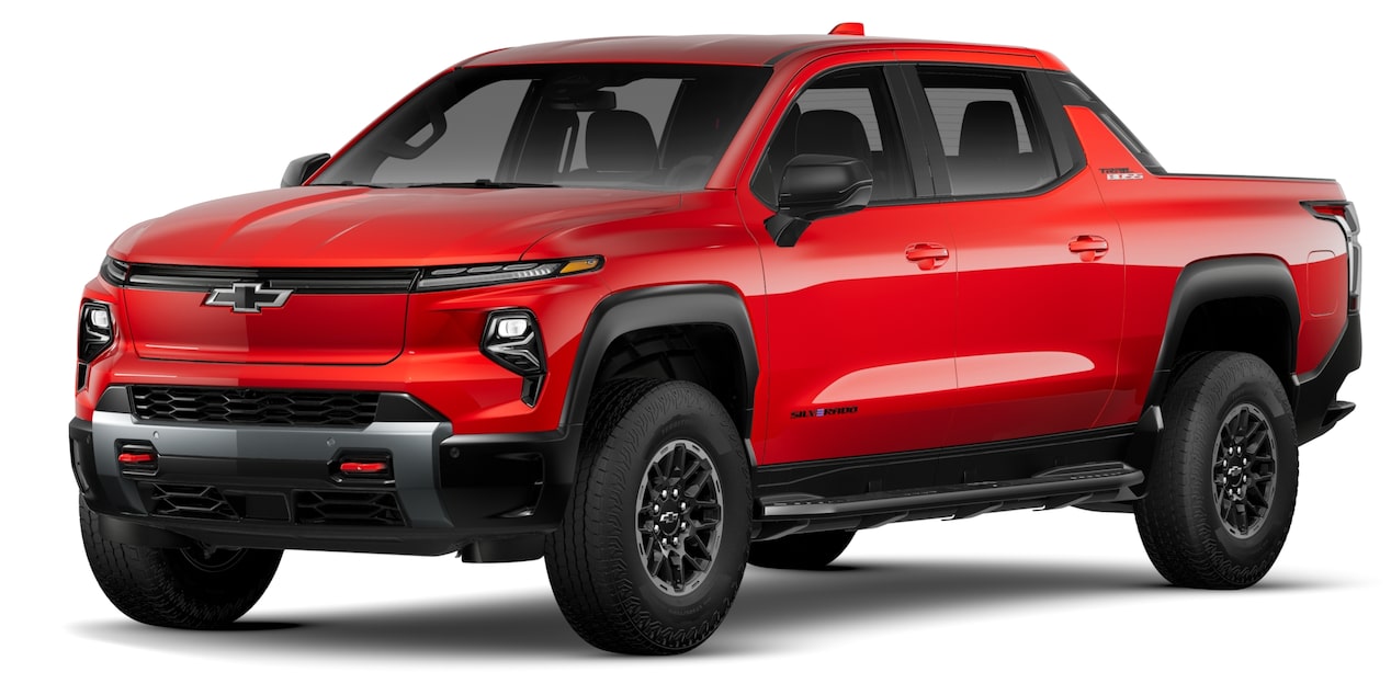 A Black Chevrolet Silverado EV RST Pickup Truck Positioned on a White Background.